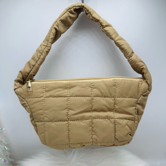 Puffer Quilted Nylon Material Hand Bag in tan with card case wallet Bundle - Picture 7 of 10